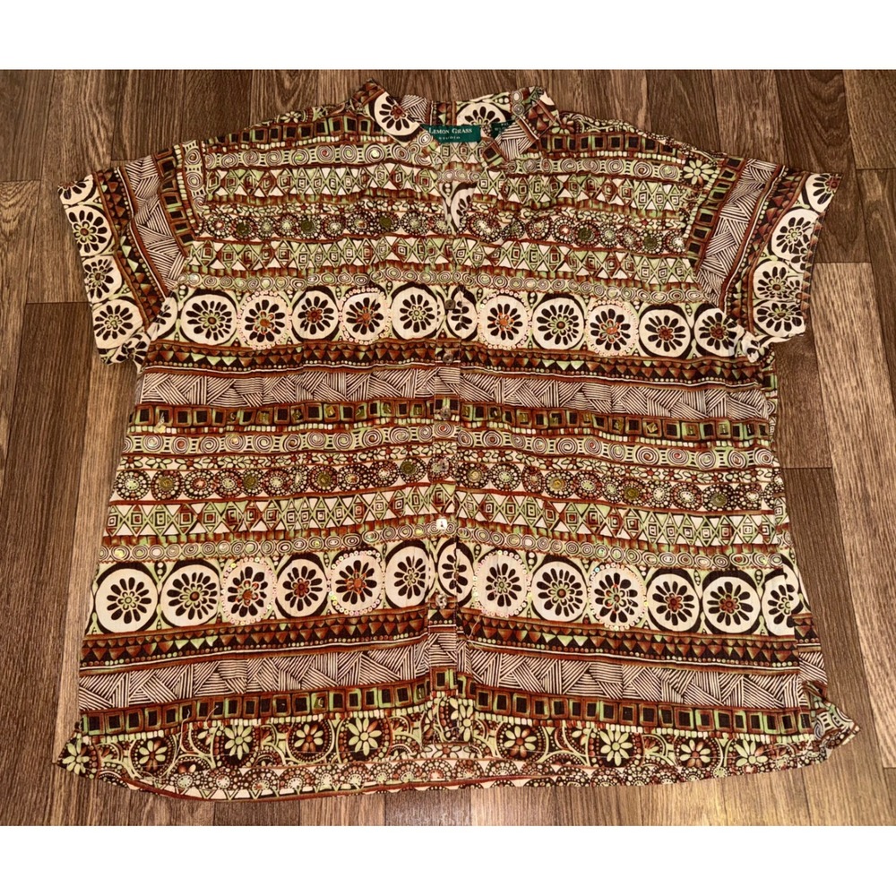 Lemon Grass Studio Brown Tribal‎ Geometric Floral Button Front Blouse PXL